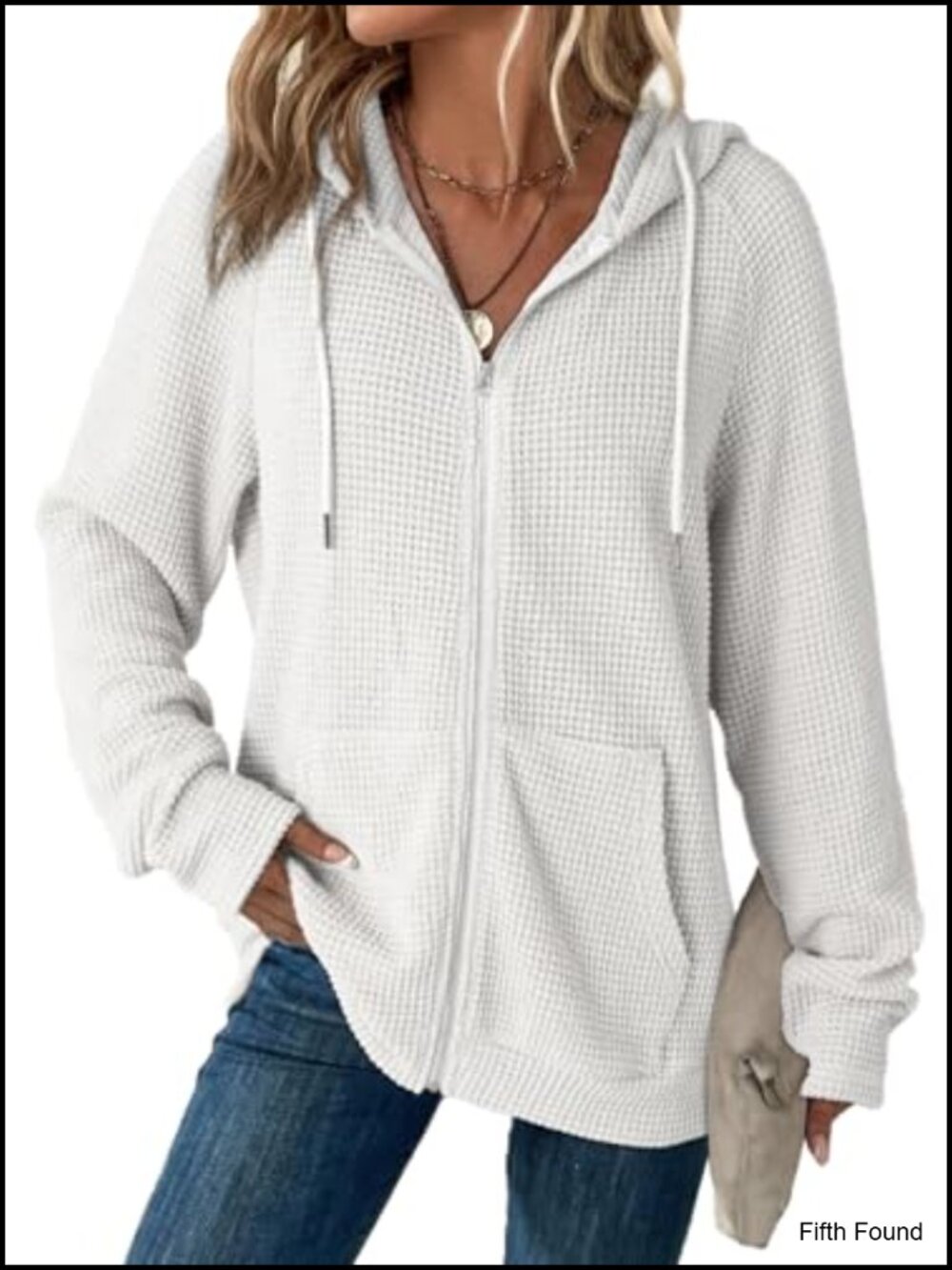 Waffle Knit Full Zip Hoodie Long Sleeve Drawstring Sweatshirt